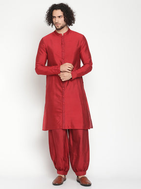 Men Red Button Down Banarasi Kurta