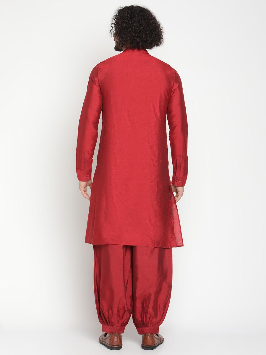 Men Red Button Down Banarasi Kurta