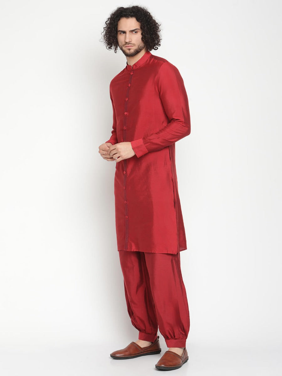 Men Red Button Down Kurta With Pathani Pants