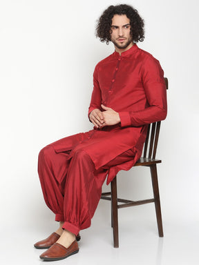 Men Red Button Down Banarasi Kurta