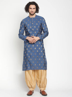 Men Blue Banarasi Kurta With Pathani Pants