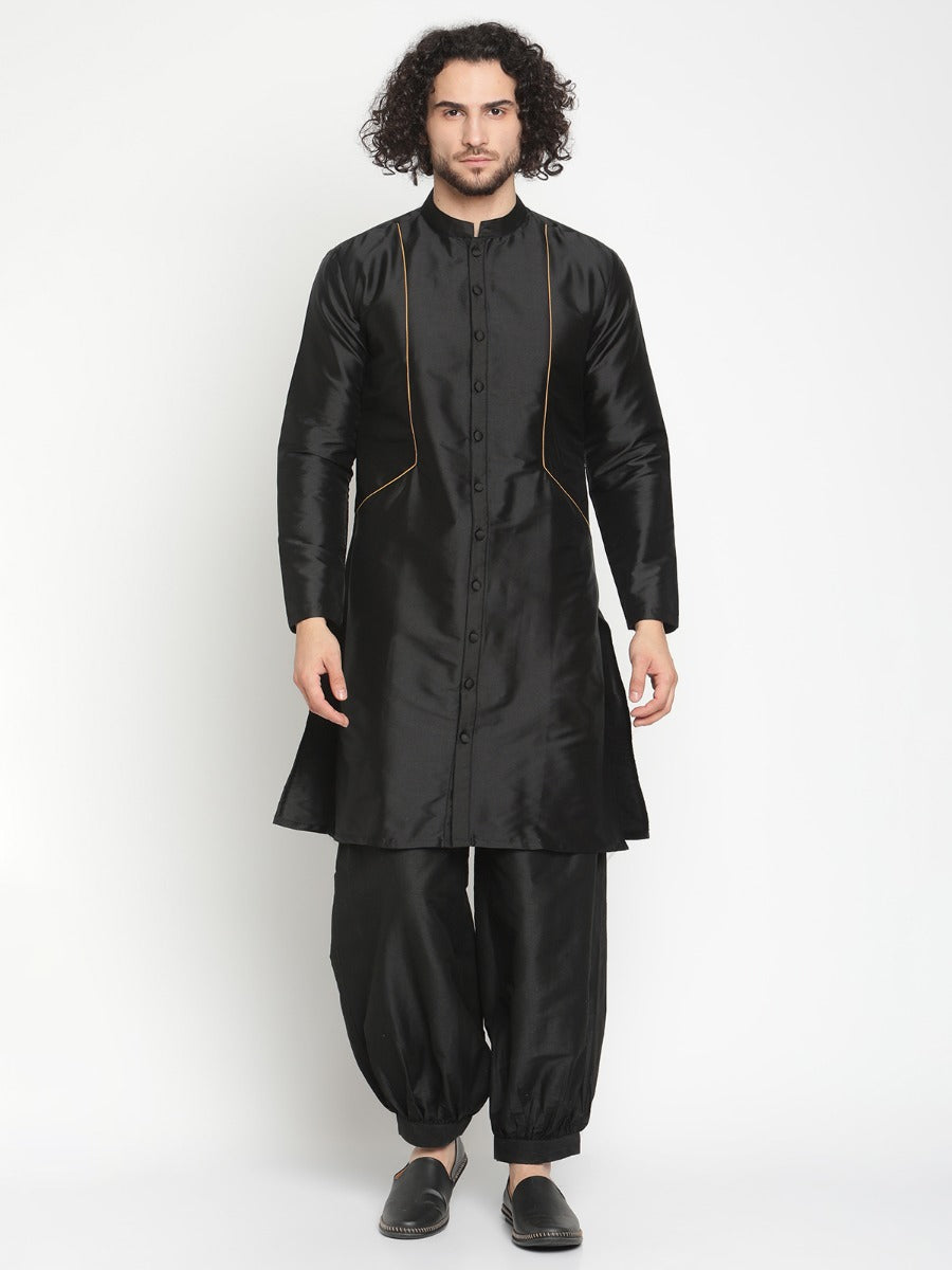 Men Black Button Down Banarasi Kurta