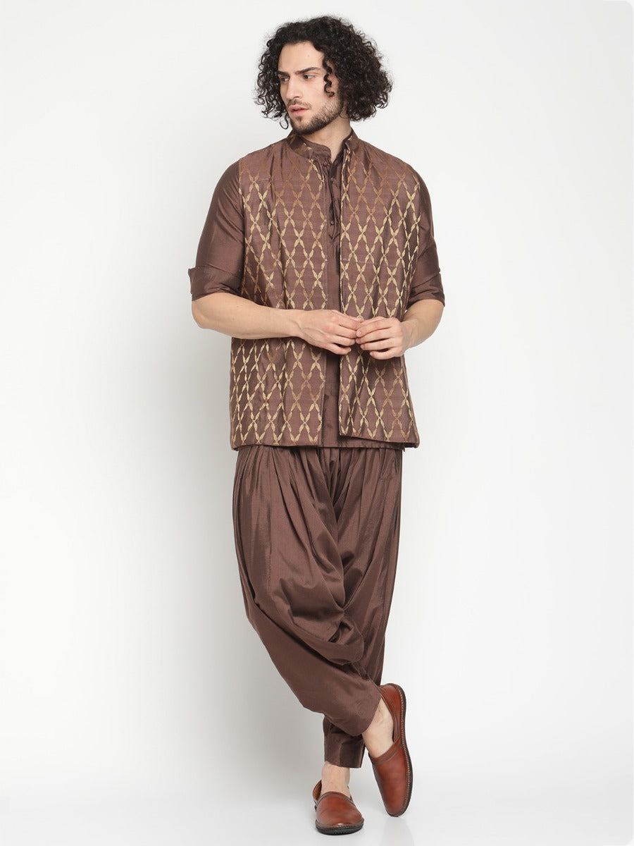 Men Brown Short Banarasi Kurta With Nehru Jacket