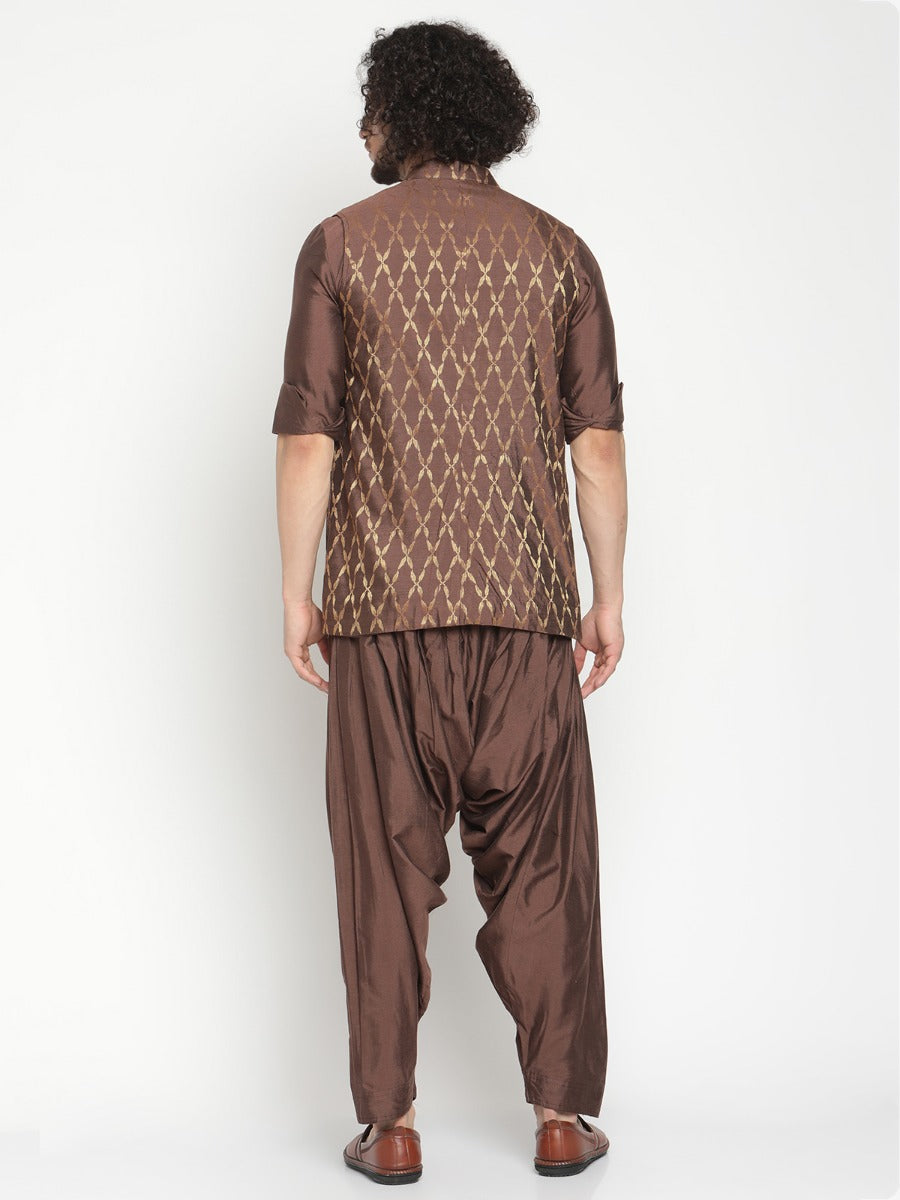 Men Brown Short Banarasi Kurta With Nehru Jacket