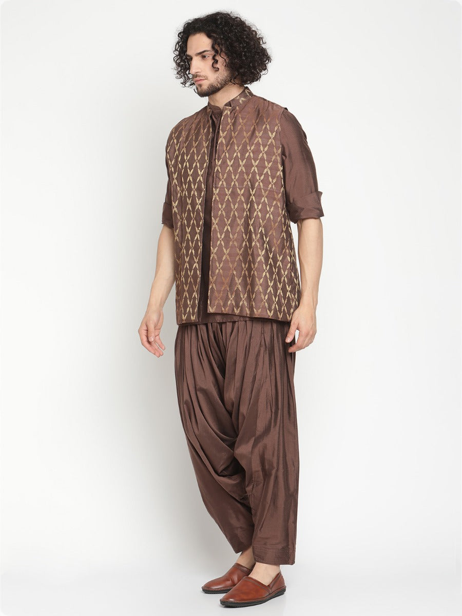 Men Brown Short Banarasi Kurta With Nehru Jacket