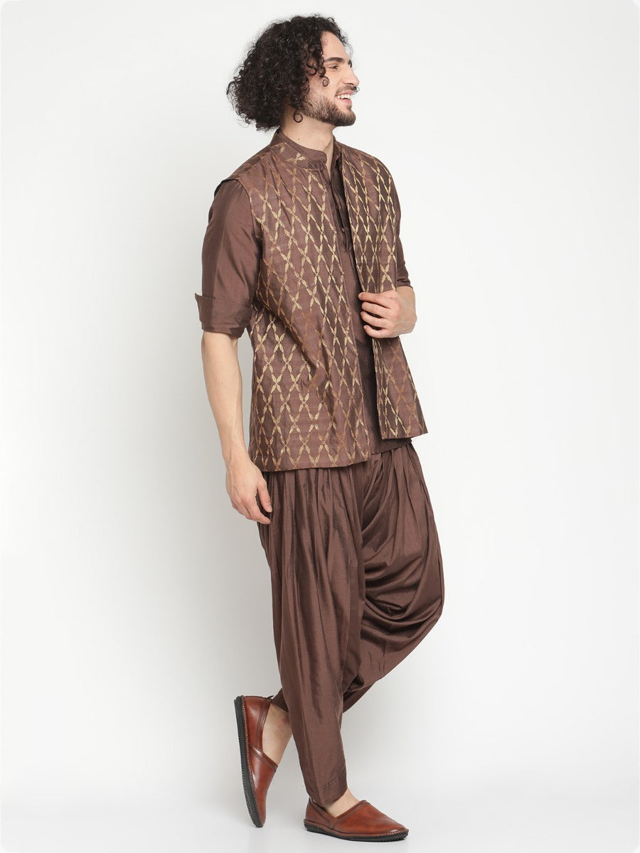 Men Brown Short Banarasi Kurta With Nehru Jacket