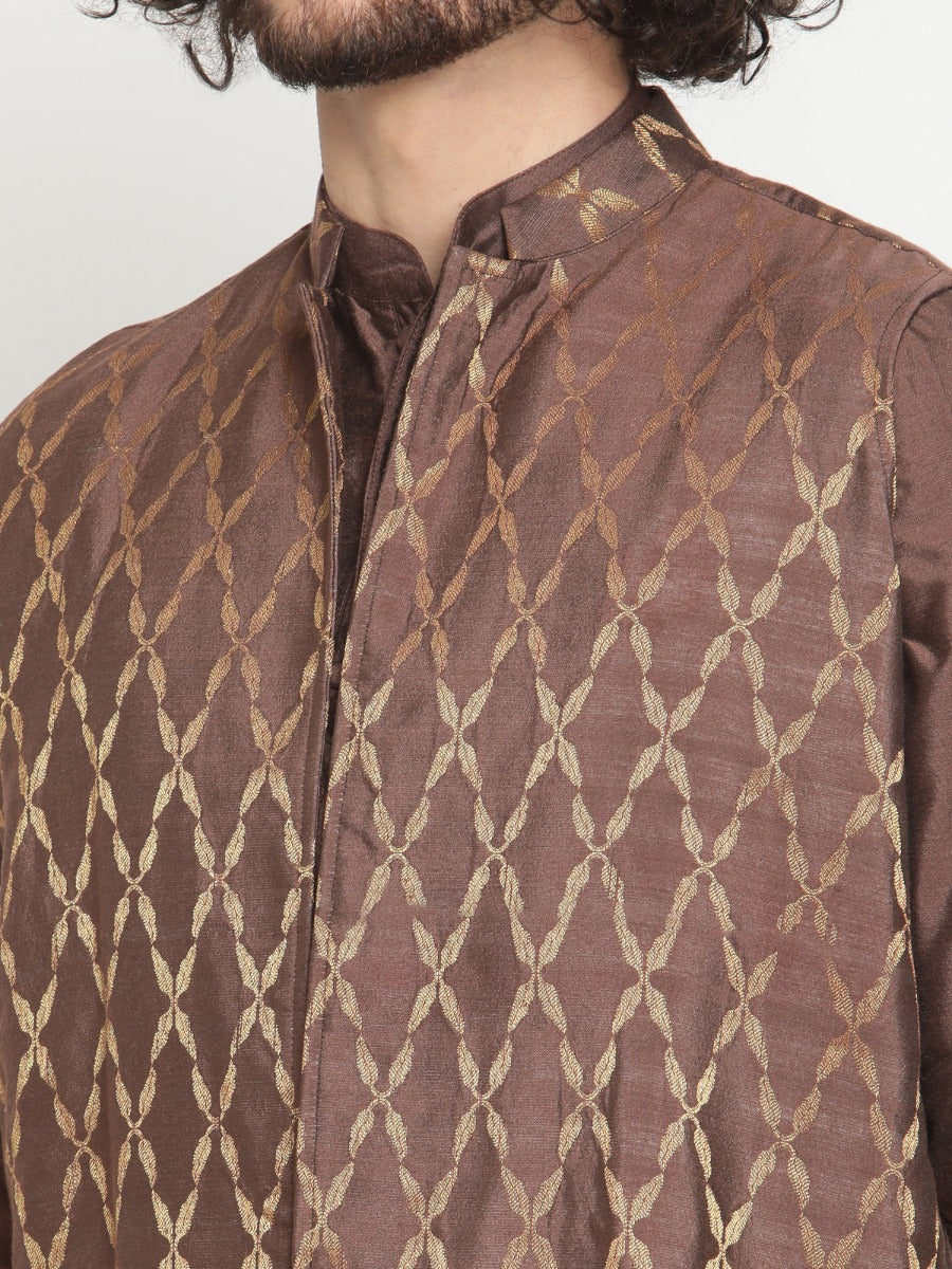 Men Brown Short Banarasi Kurta With Nehru Jacket