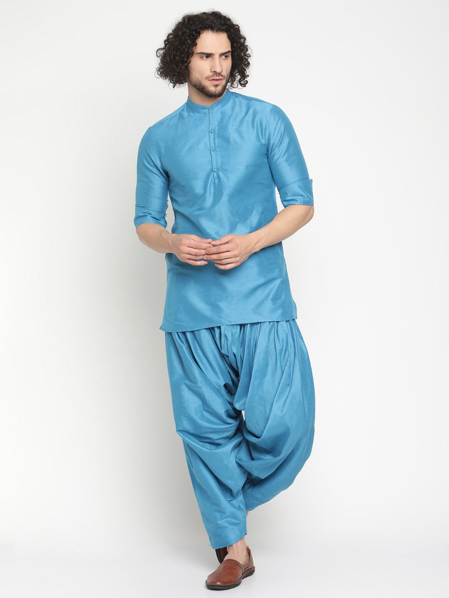 Men Blue Short Banarasi Kurta