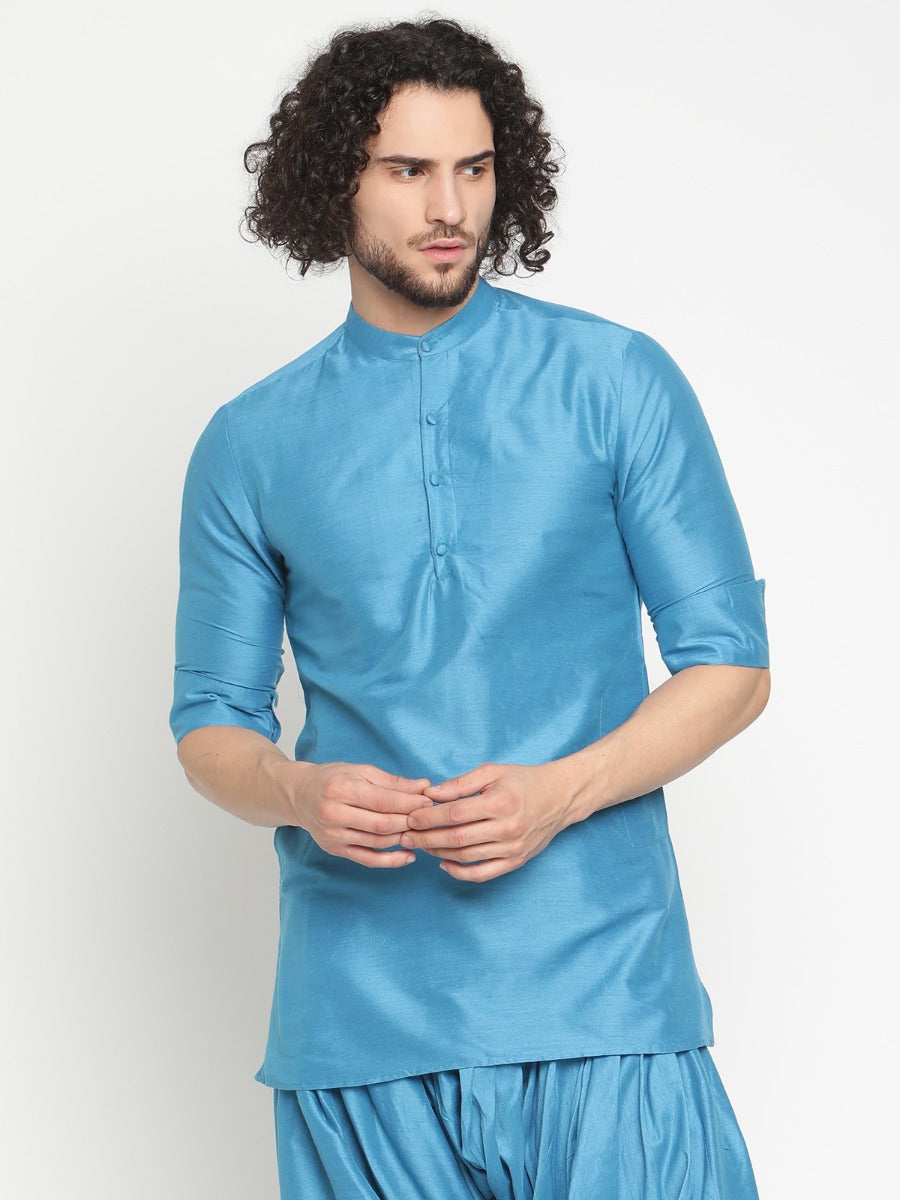 Men Blue Short Banarasi Kurta