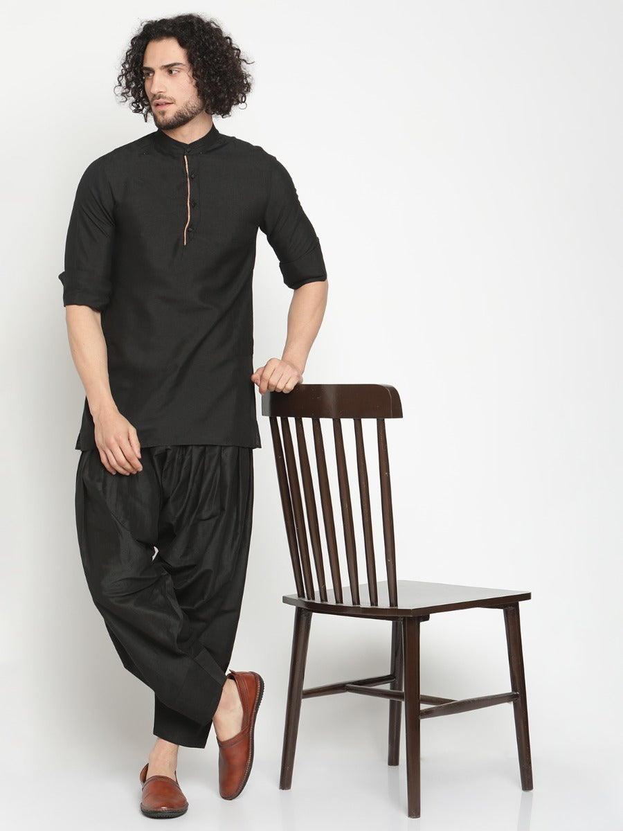 Men Black Short Banarasi Kurta