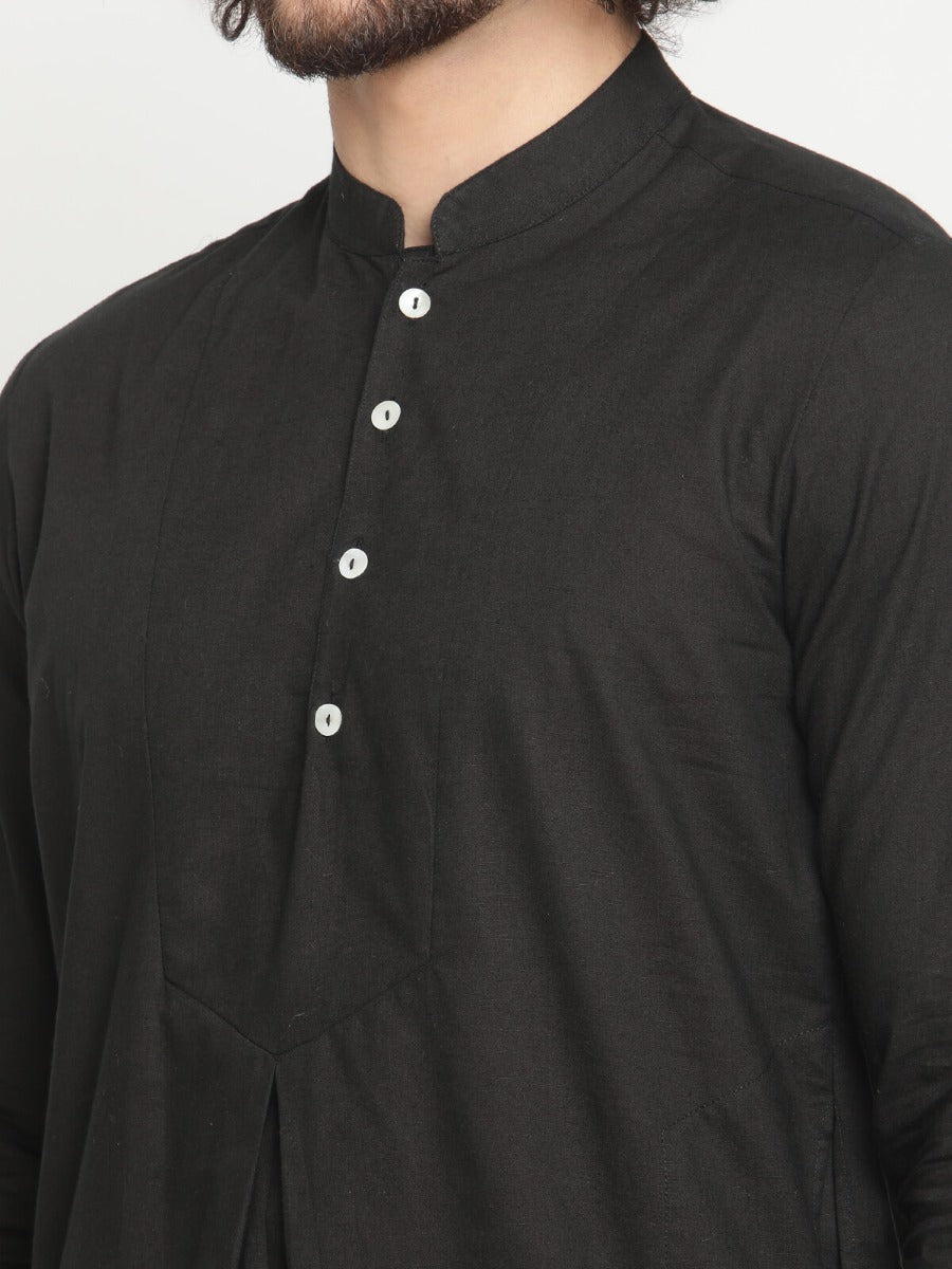 Men Black Pleated Poplin Kurta With Straight Pyjama