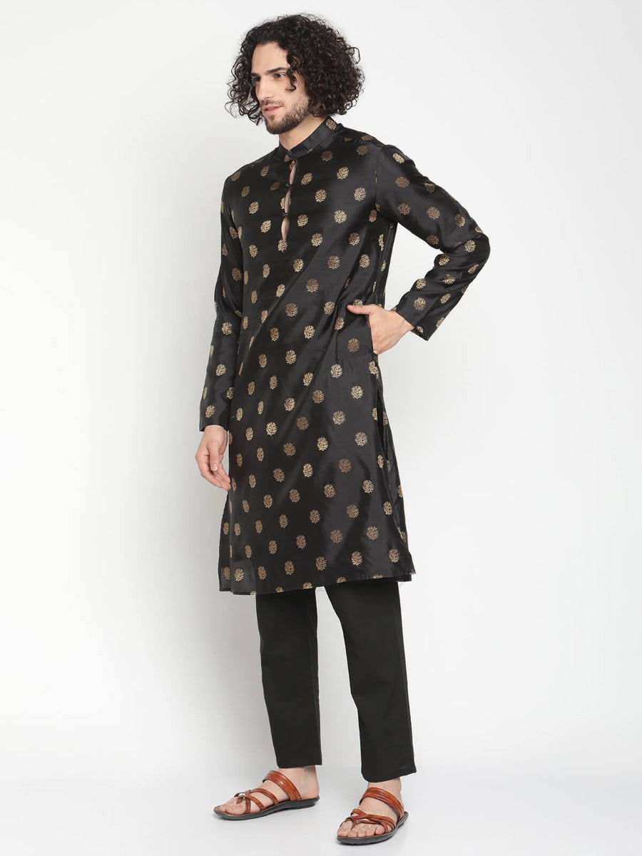Men Midnight Black Banarasi Kurta With Straight Pyjama