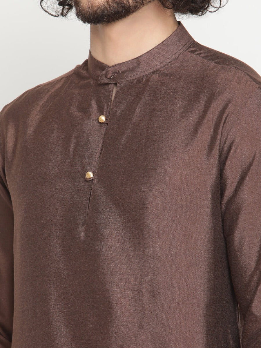 Men Brown Banarasi Extended Collar Kurta With Straight Pant