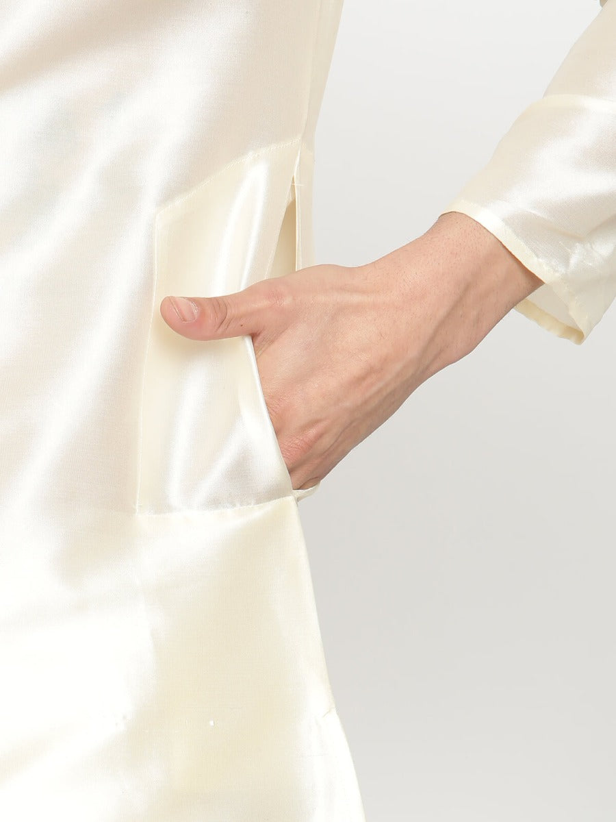 Men Ivory Mandarin Collar Banarasi Kurta and Pathani Pants