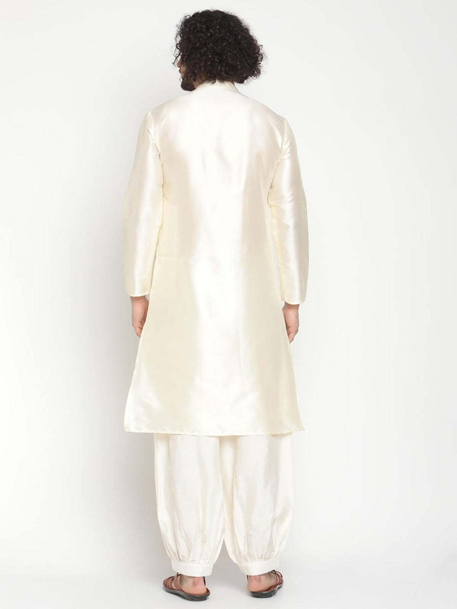 Men Ivory Mandarin Collar Banarasi Kurta and Pathani Pants