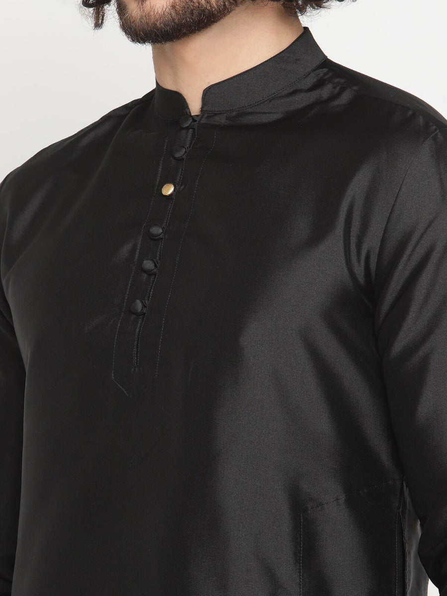 Men Black Mandarin Collar Banarasi Kurta With Pyjama