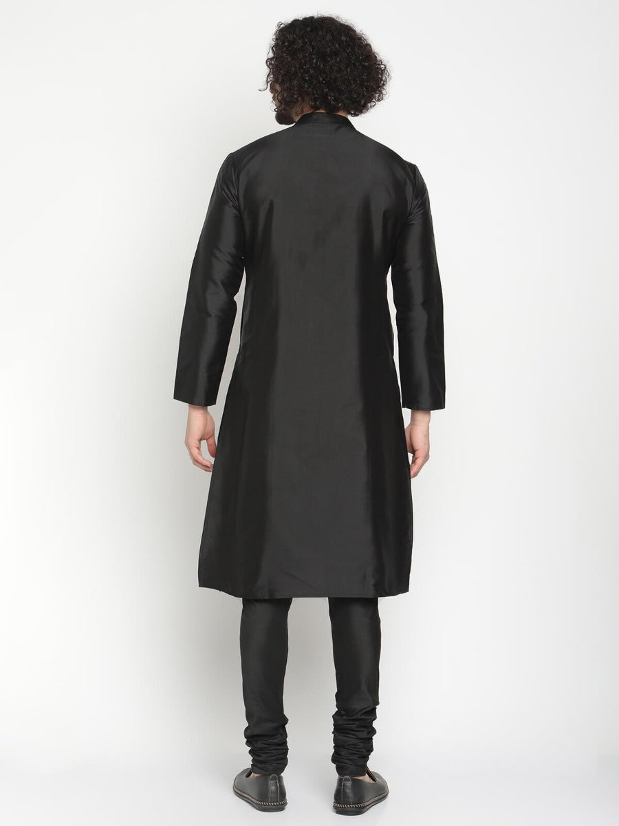 Men Black Mandarin Collar Banarasi Kurta With Pyjama