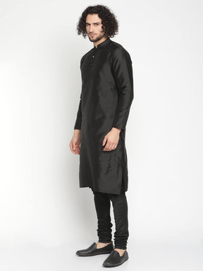 Men Black Mandarin Collar Banarasi Kurta With Pyjama
