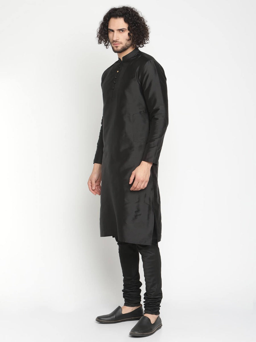 Men Black Mandarin Collar Banarasi Kurta With Pyjama