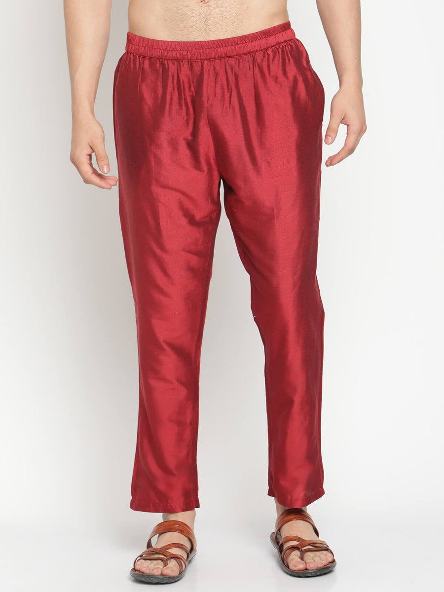 Men Maroon Banarasi Kurta With Straight Pyjama