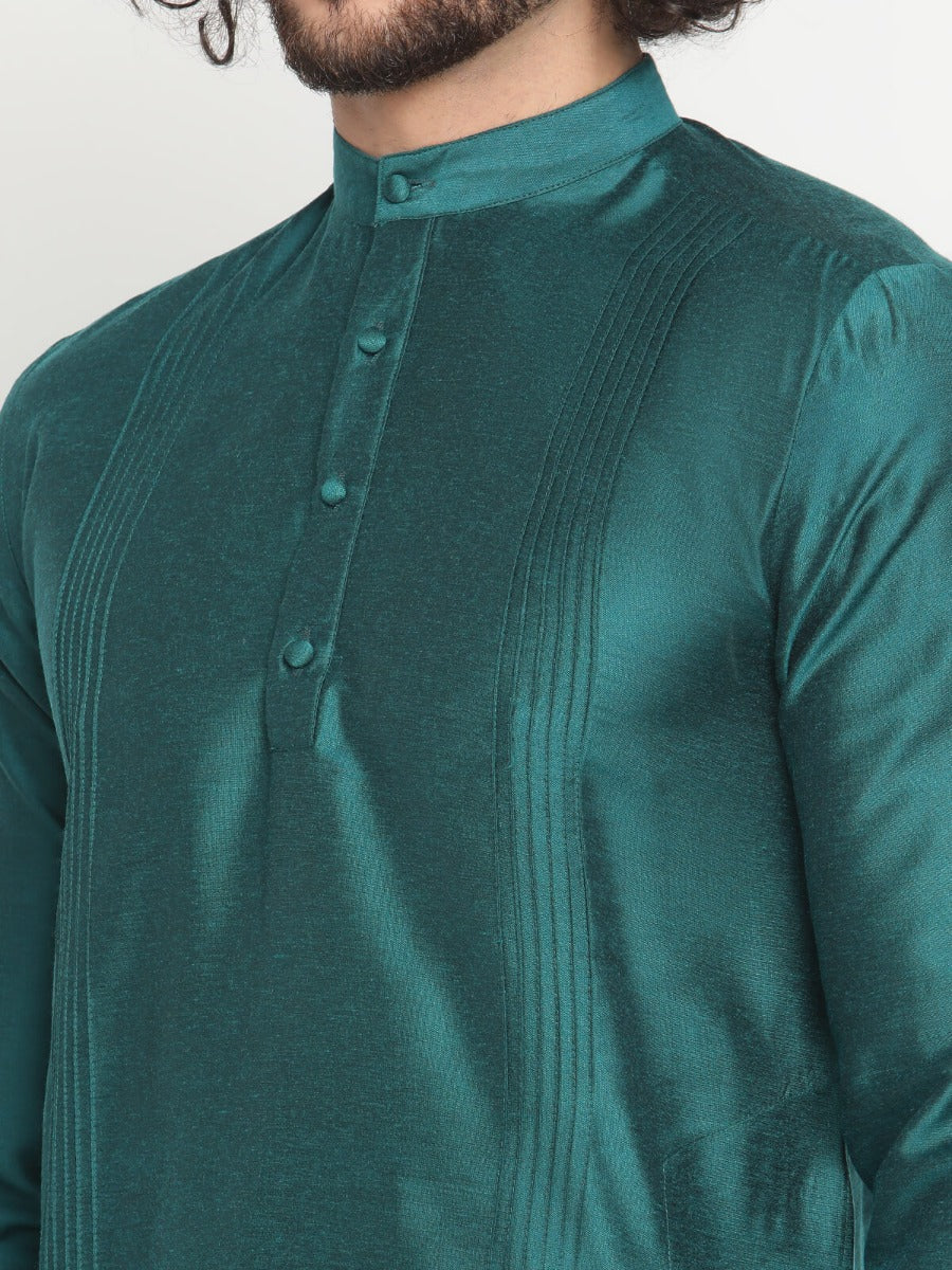 Men Coral Green Pintuck Detail Banarasi Kurta and Pyjama