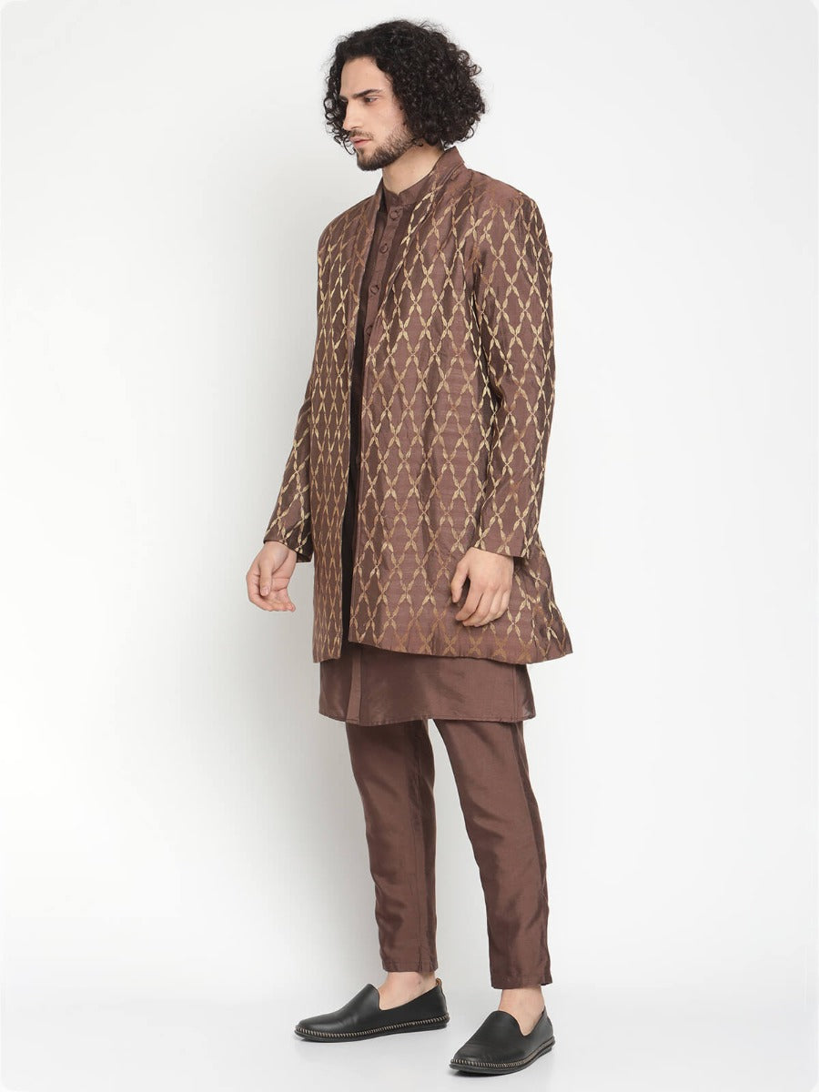 Men Brown Button Down Kurta With Jacket and Pyjama