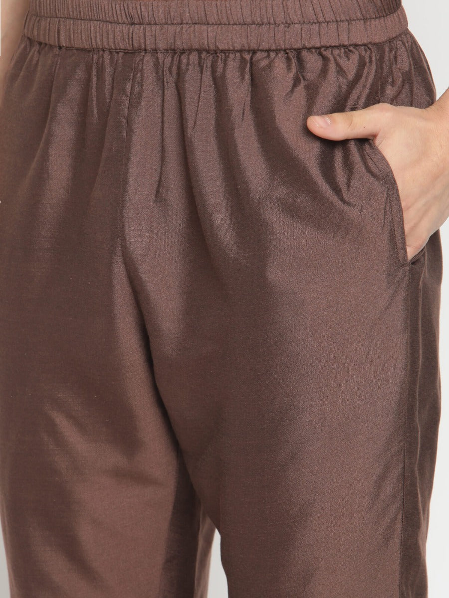 Men Brown Button Down Kurta With Jacket and Pyjama