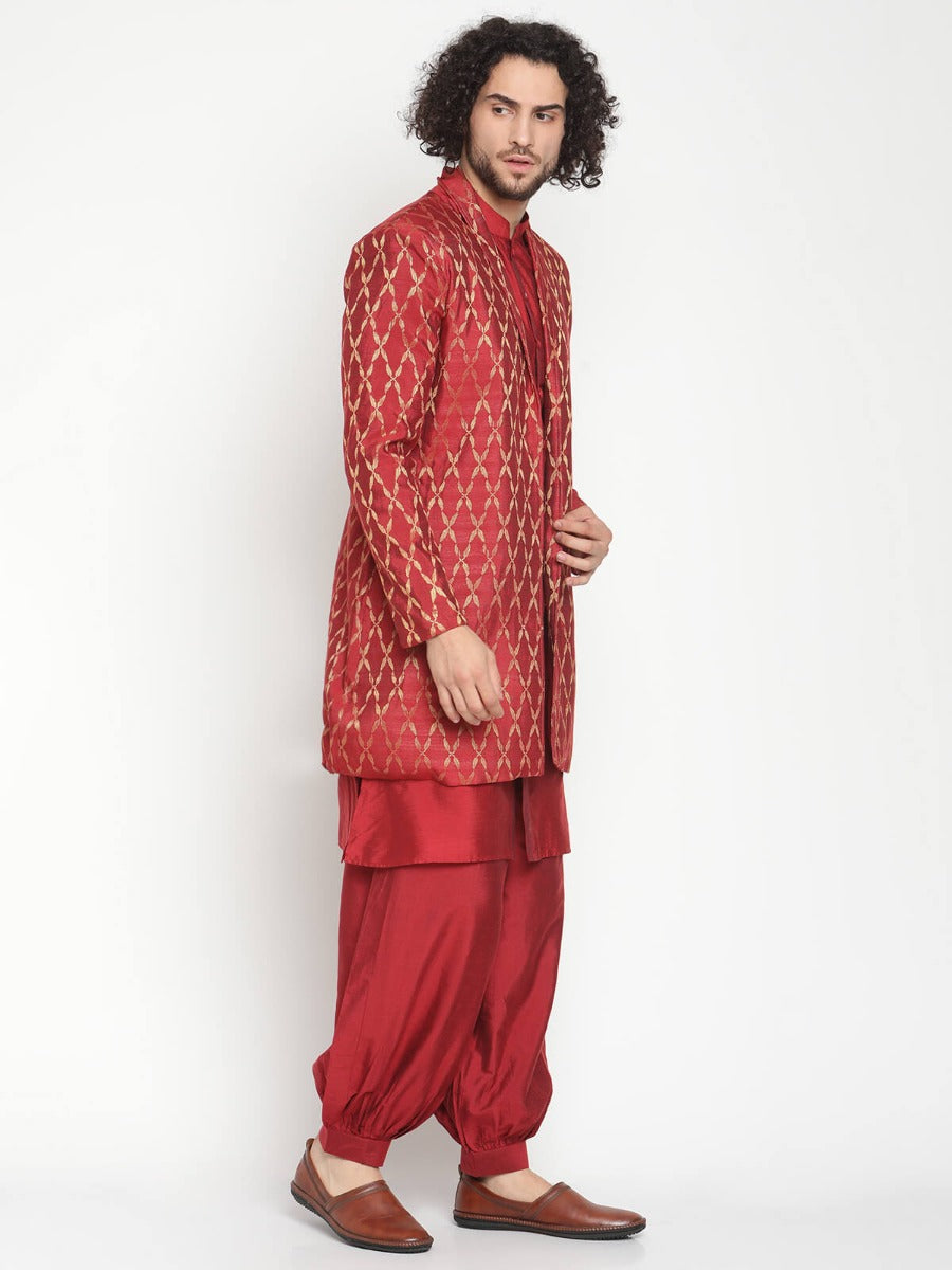 Men Red Button Down Kurta With Jacket and Pyjama