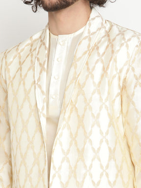Men Ivory Button Down Kurta With Jacket and Pyjama