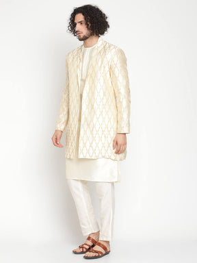Men Ivory Button Down Kurta With Jacket and Pyjama