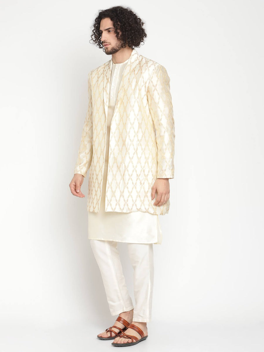 Men Ivory Button Down Kurta With Jacket and Pyjama