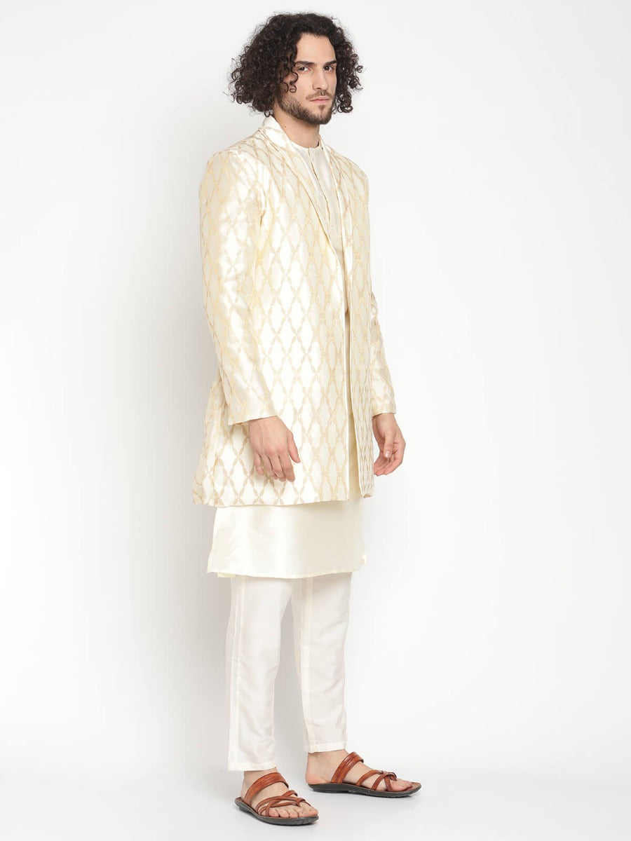 Men Ivory Button Down Kurta With Jacket and Pyjama