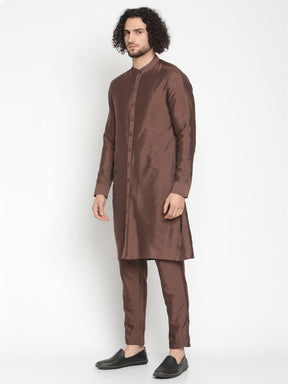 Men Brown Button Down Kurta With Pyjama