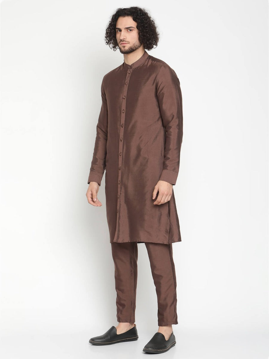 Men Brown Button Down Kurta With Pyjama