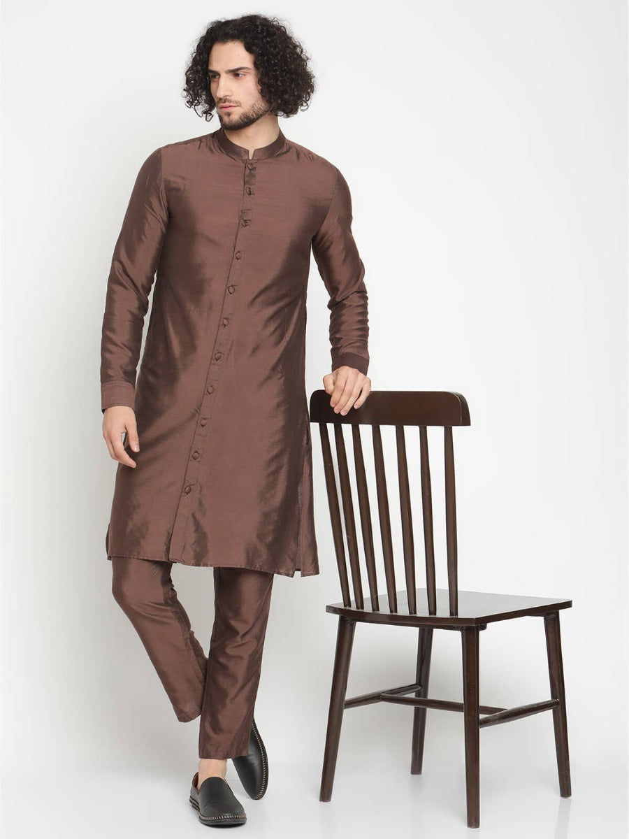 Men Brown Button Down Kurta With Pyjama