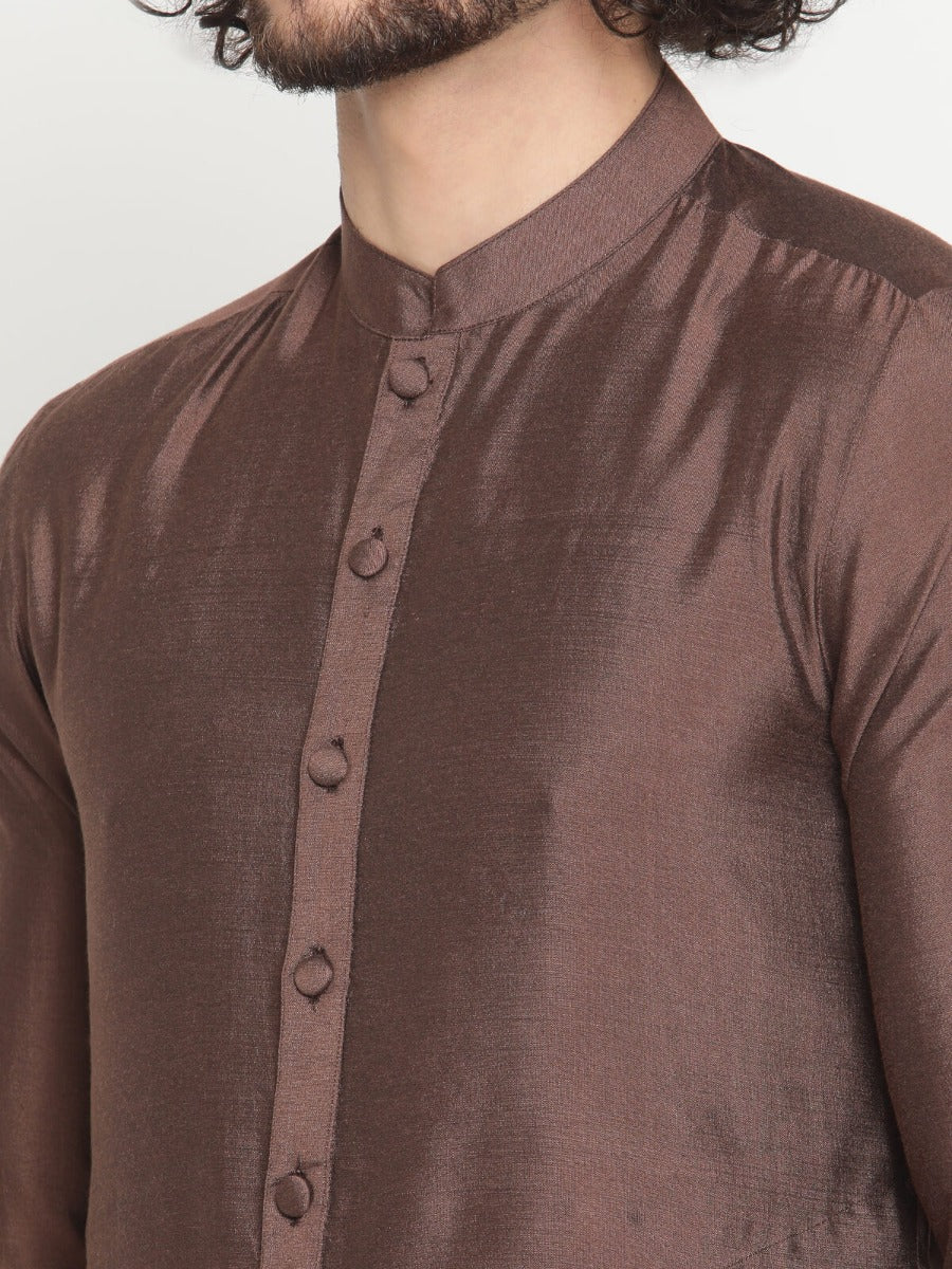Men Brown Button Down Kurta With Pyjama