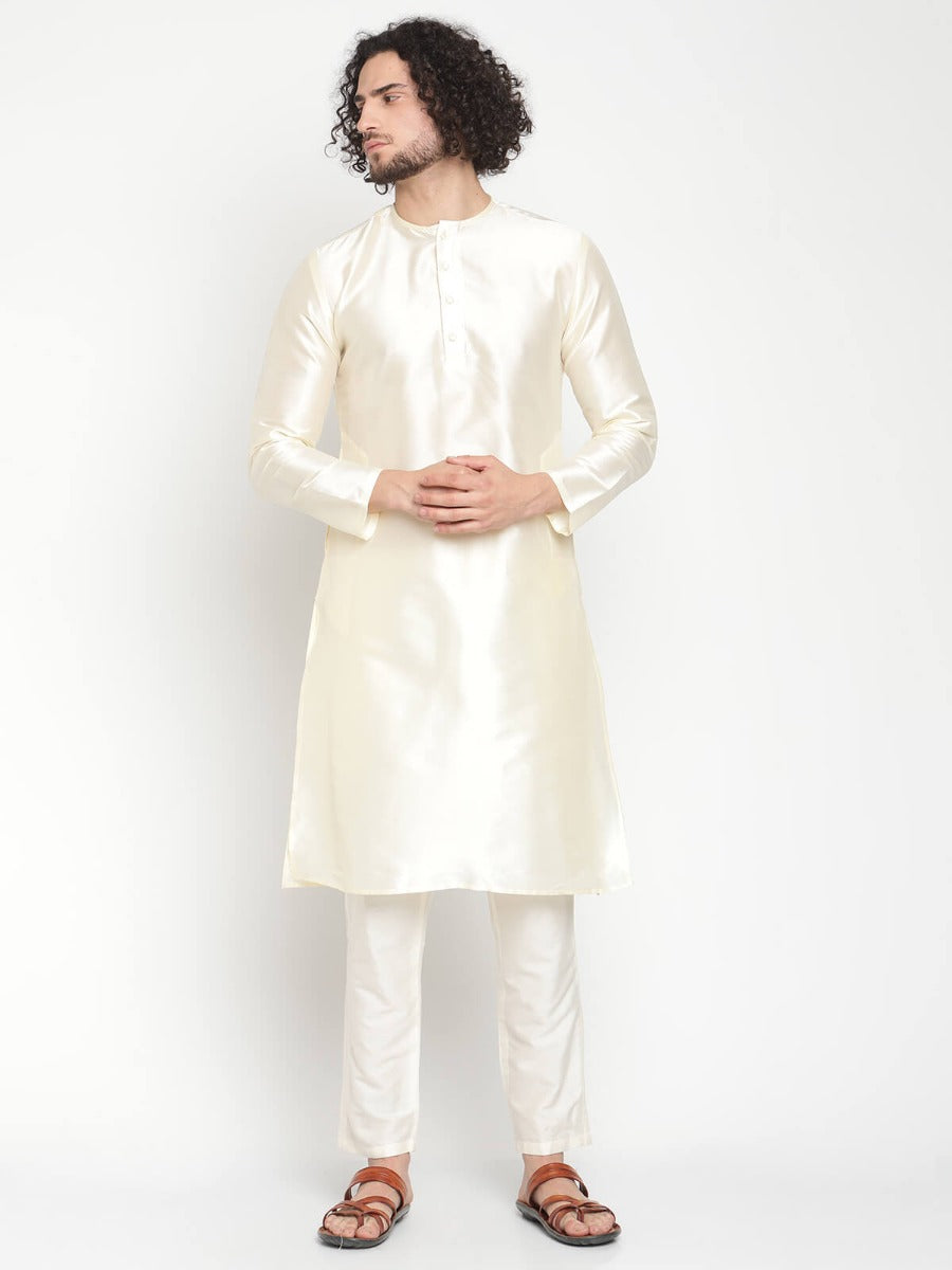 Men Ivory Banarasi Kurta With Stright Pyjama