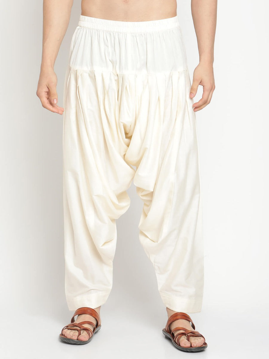 Men Ivory Short Banarasi Kurta With Afghani Pants