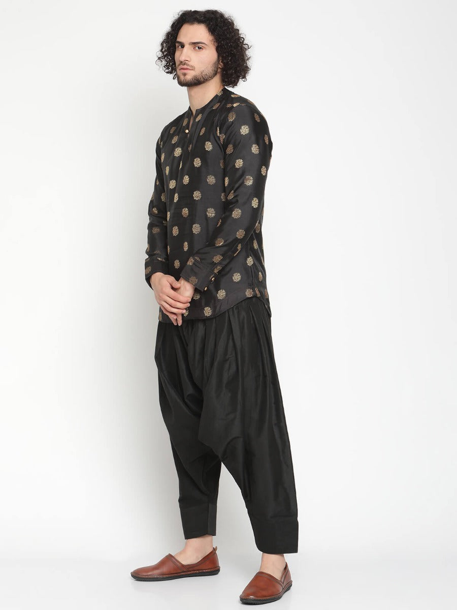 Men Black Short Zari Work Banarasi Kurta With Afghani Pant