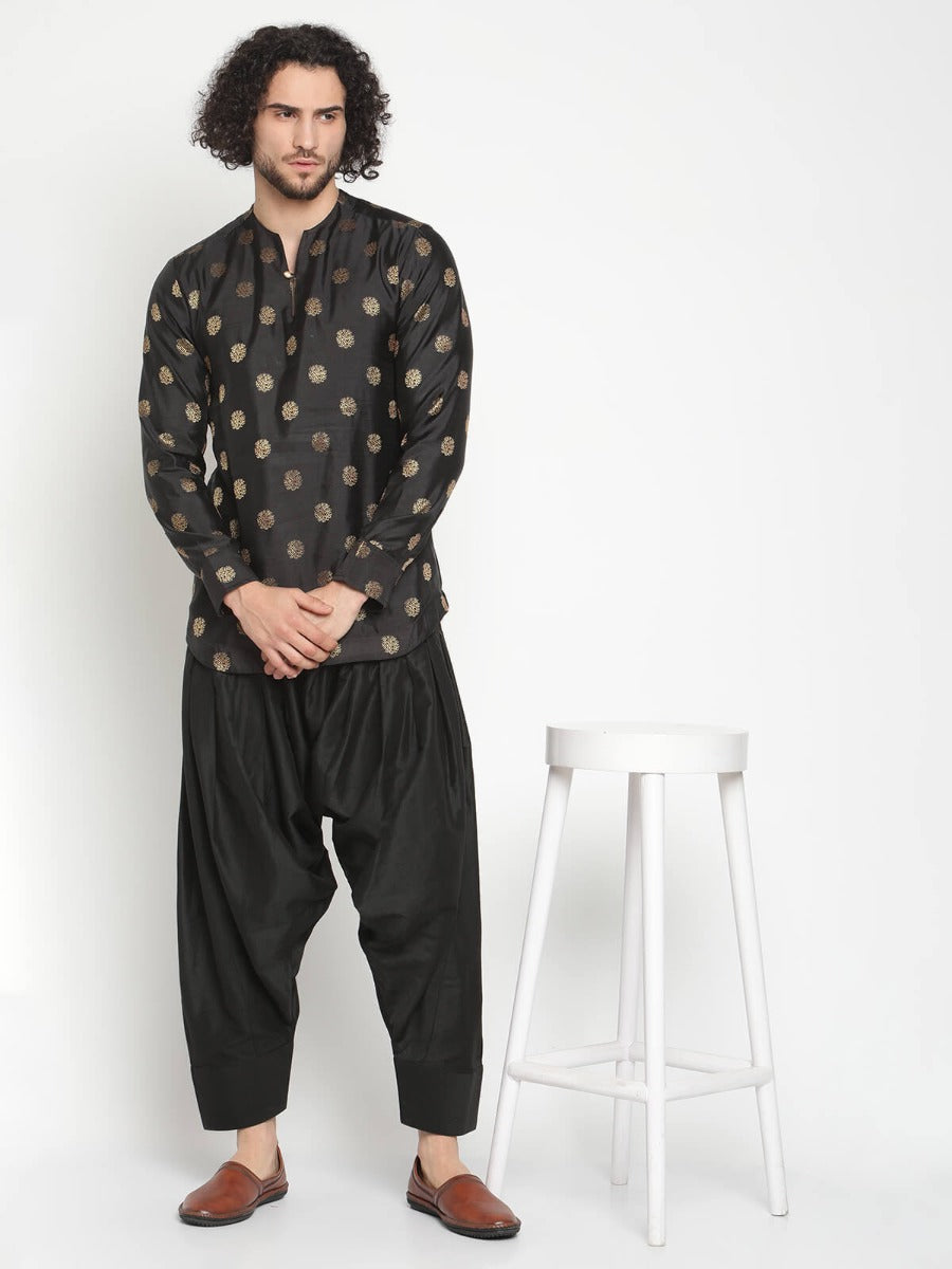Men Black Short Zari Work Banarasi Kurta With Afghani Pant