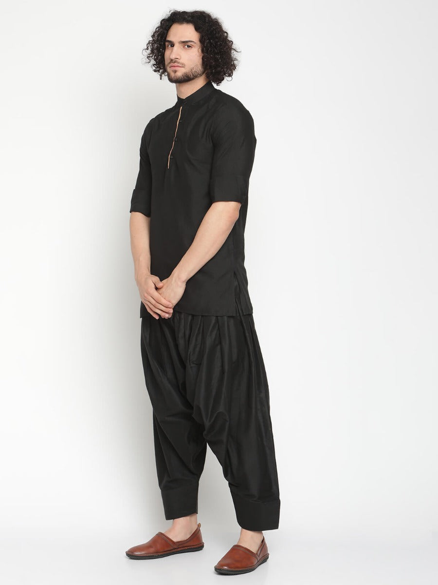 Men Black Short Banarasi Kurta With Afghani Pants