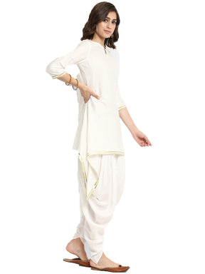 White Banarasi Asymmetric Kurta With Dhoti Pants