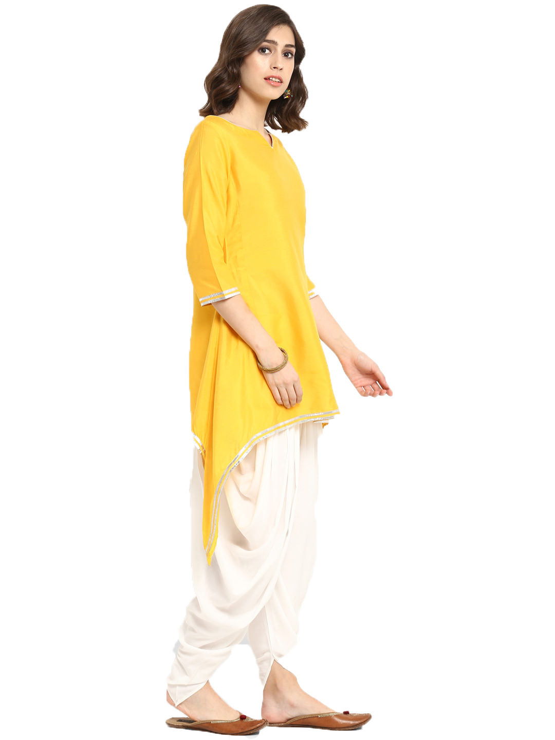 Yellow Banarasi Asymmetric Kurta With Dhoti Pants