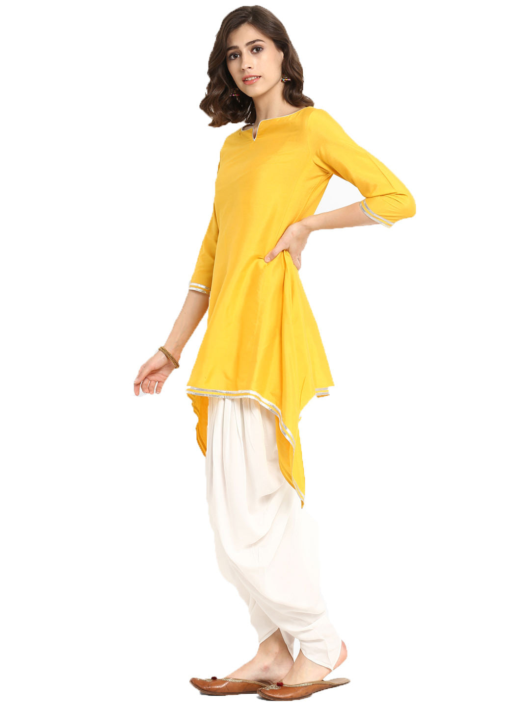 Yellow Banarasi Asymmetric Kurta With Dhoti Pants