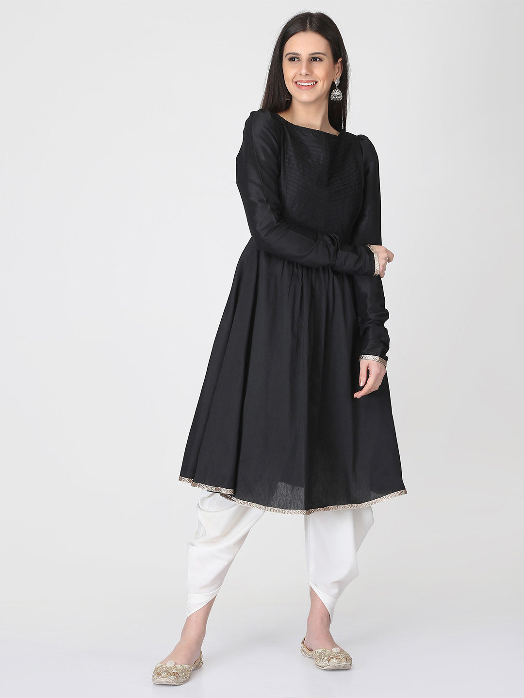 Abhishti Cotton Silk Flared Kurta With Churidar Sleeves And Gota Patti Kurta Set With Dhoti Pants