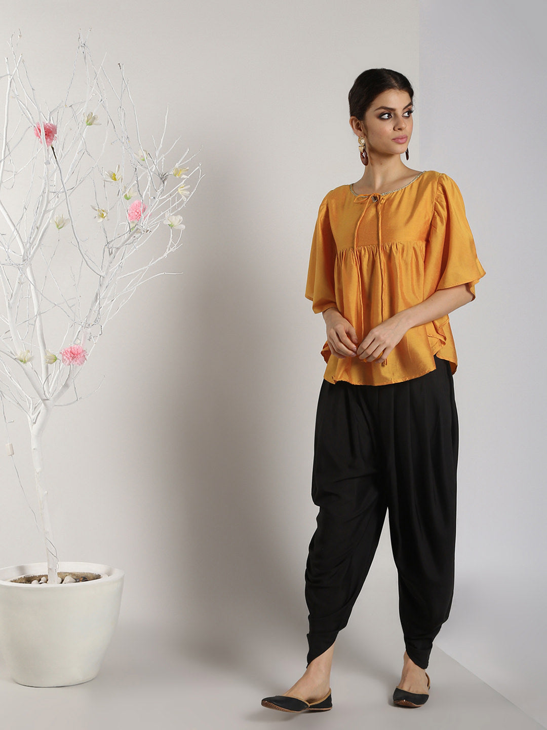 Abhishti Cotton Silk Kaftan Top With Lace Detail with Dhoti Pants