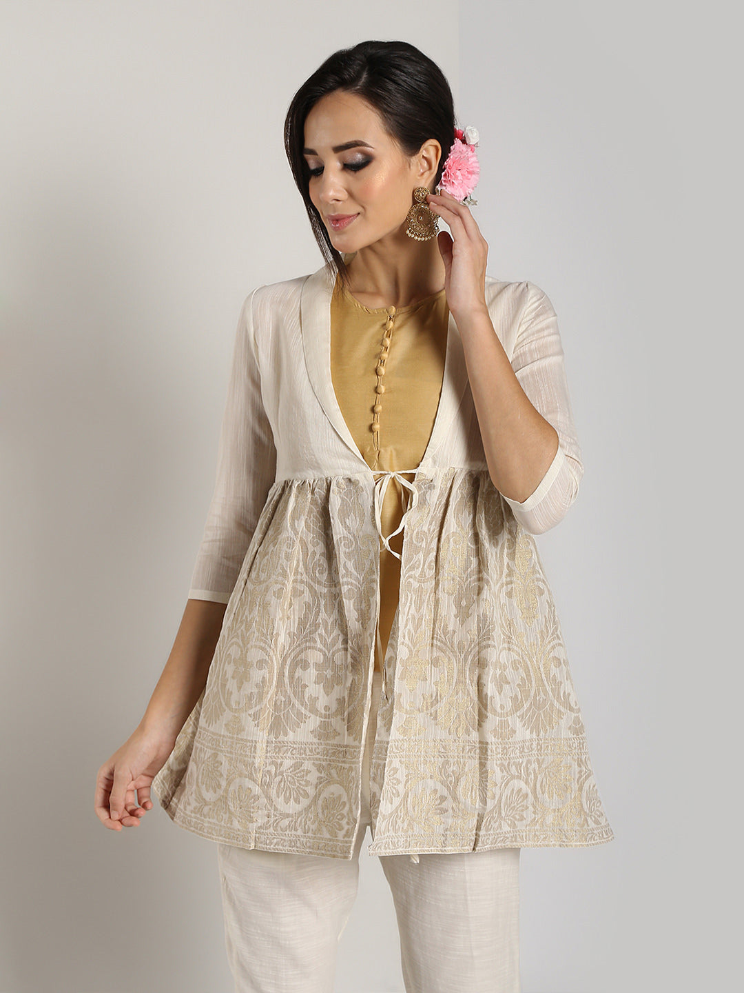 Beige Banarasi Peplum Jacket & Top with straight pants