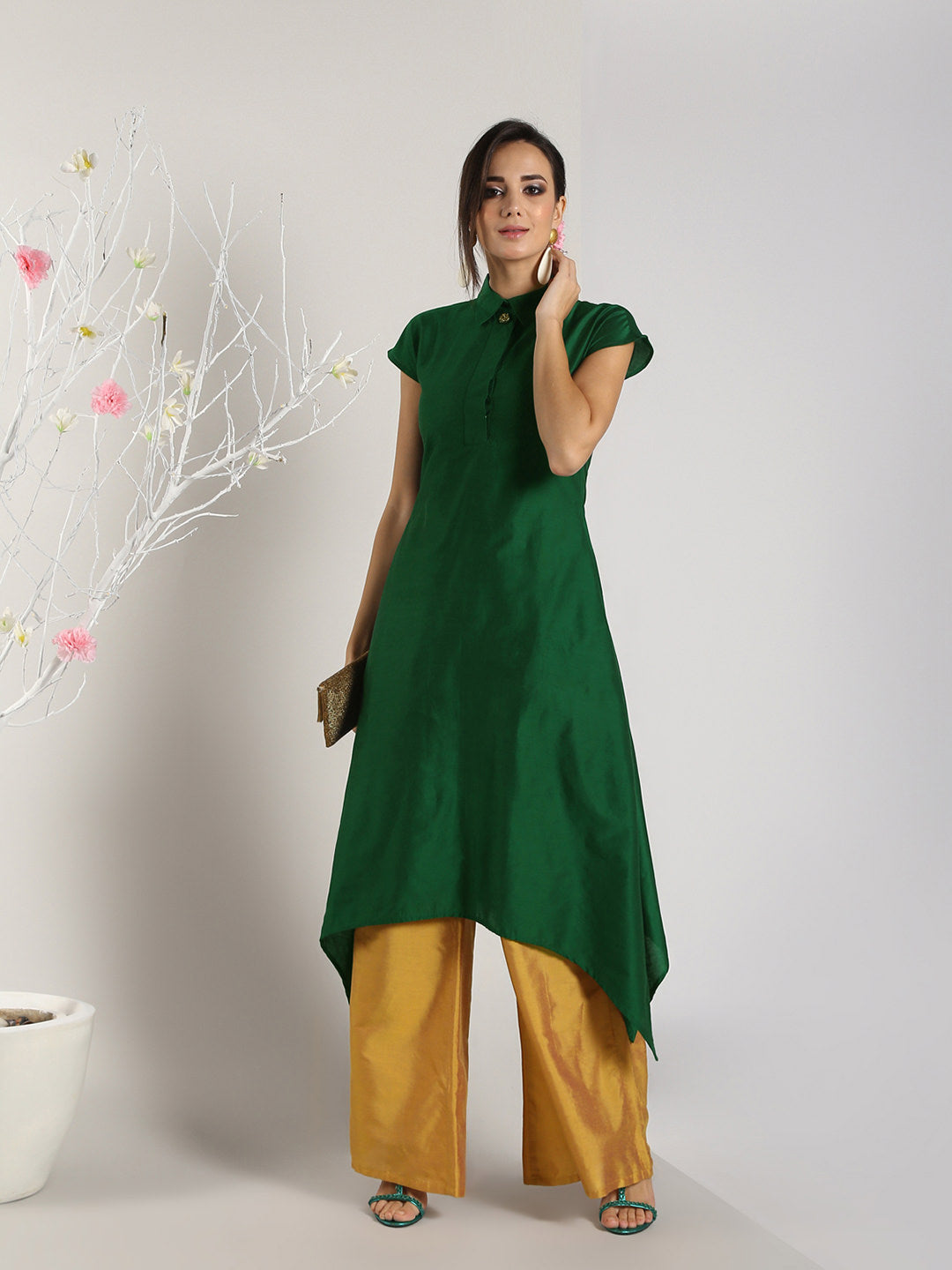 Abhishti Cotton Silk Asymmetric Kurta side details with Bottom