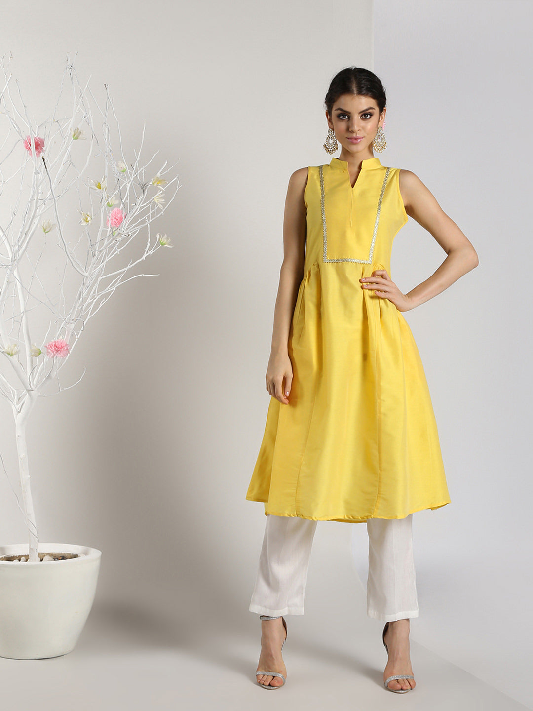 Abhishti Cotton Silk Long Yoke Detail kurta with Side panels with Bottom