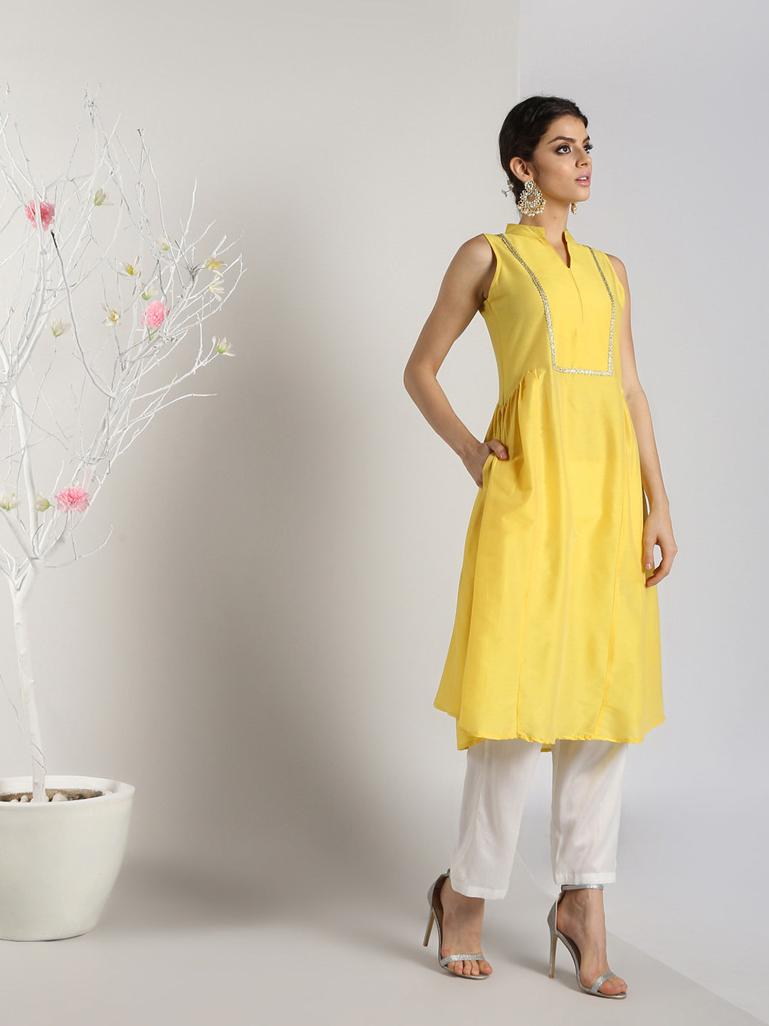 Abhishti Cotton Silk Long Yoke Detail kurta with Side panels with Bottom